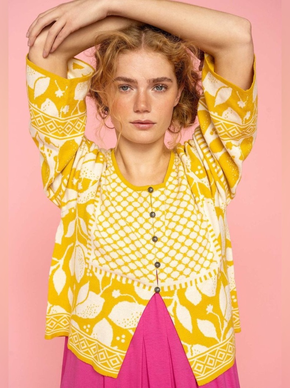Gudren Sjoeden Anemone Jacquard Knit Cardigan in Lemon Yellow